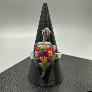 Aurora Opal Turquoise Cobblestone Sterling Silver 925 Turtle Ring Handmade MOVES